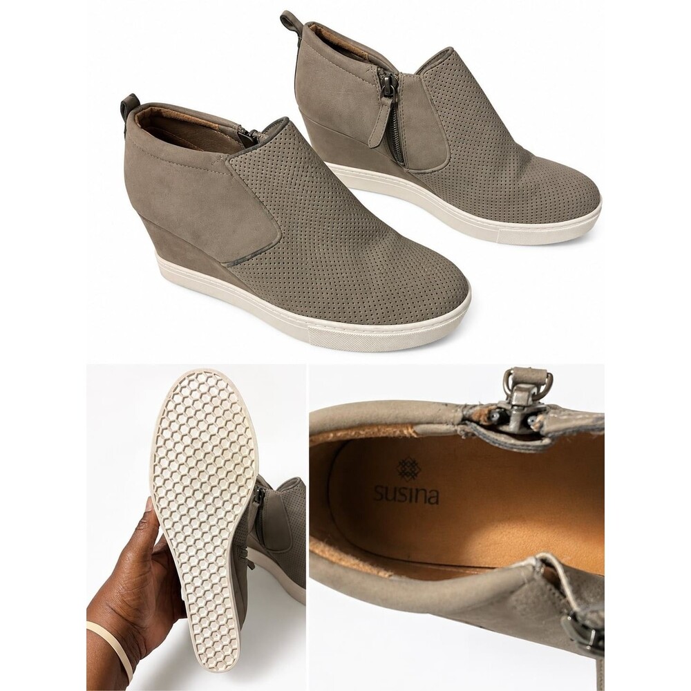 Susina Areya Taupe Gray Perforated Zip Wedge Sneakers